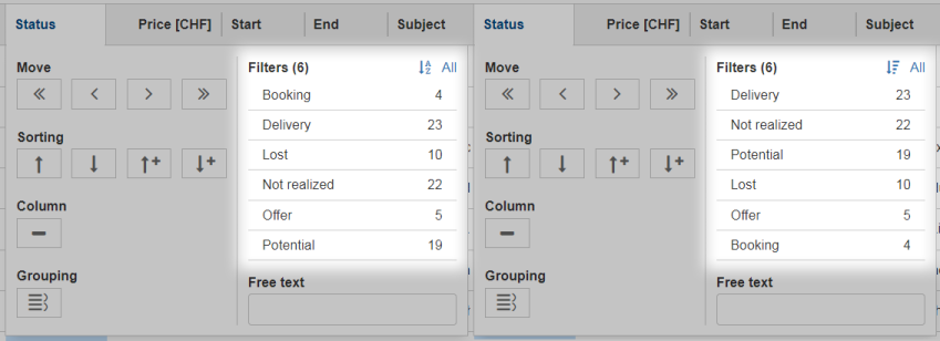 table header menu filter sorting