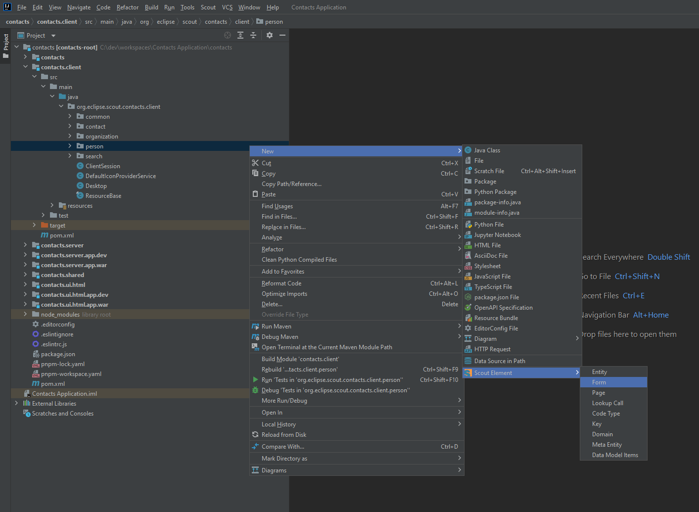 contacts create new form Intellij